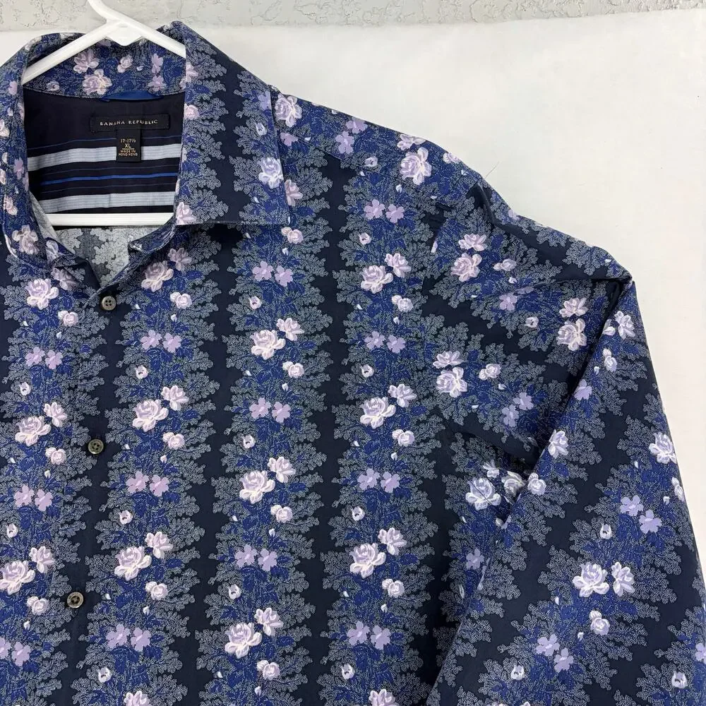 Banana Republic XL Men's Blue Floral Striped Long Sleeve Button-Up Shirt